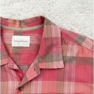 Tommy Bahama Mens Hawaiian Shirt Button Up Salmon Pink White Plaid Linen XL